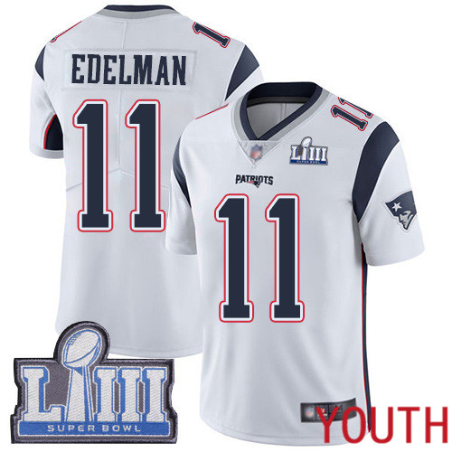 New England Patriots Football #11 Super Bowl LIII Limited White Youth Julian Edelman Road NFL Jersey